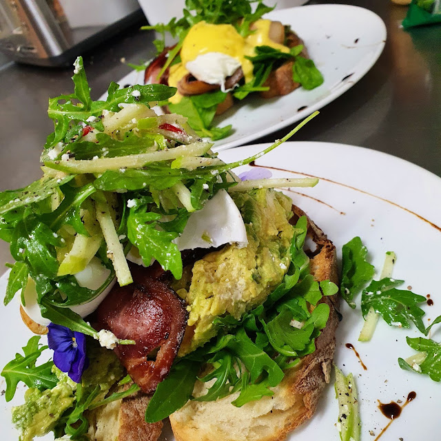 Avo Smash with a Side of Bacon and Eggs Benny