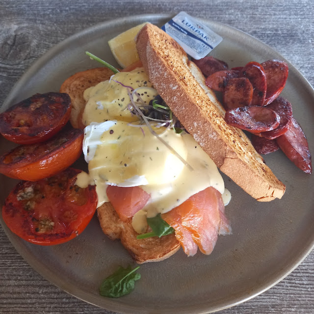 Smoked Salmon Benedict with a Side of Chorizos