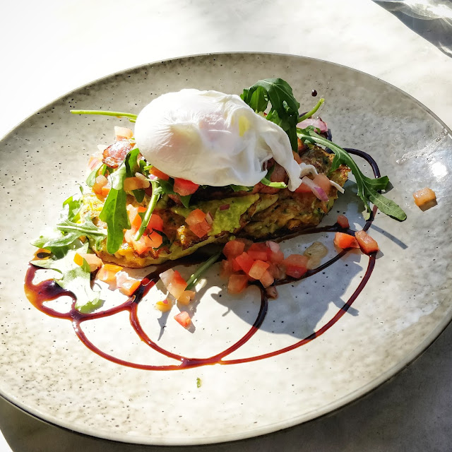 Zucchini and Corn Fritters with Smashed Avocado and Poached Egg