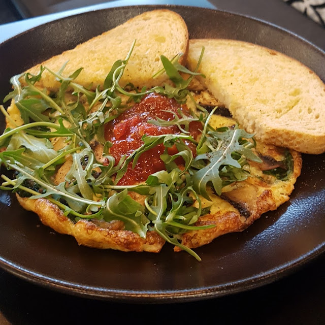 Omlette Bar Mushroom Spinach & Feta with Tomato Relish Sourdough