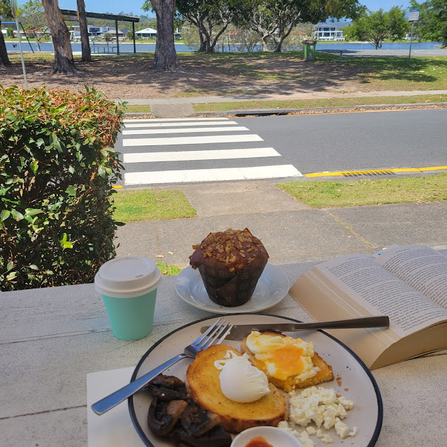 Eggs on Toast with Fetta and Mushroom Sides Long Black with a Dash of Oat and a Muffin